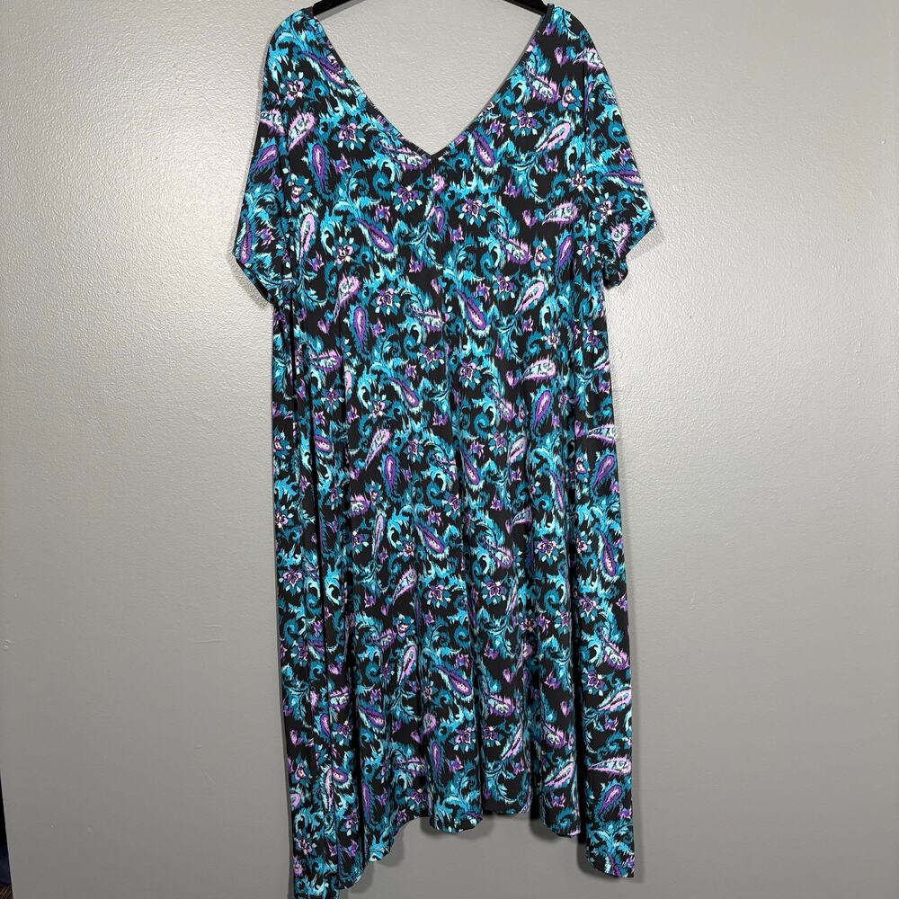 Roamans Trapeze Midi Dress Blue & Purple Paisley V-Neck - Womens Plus Size 18/20